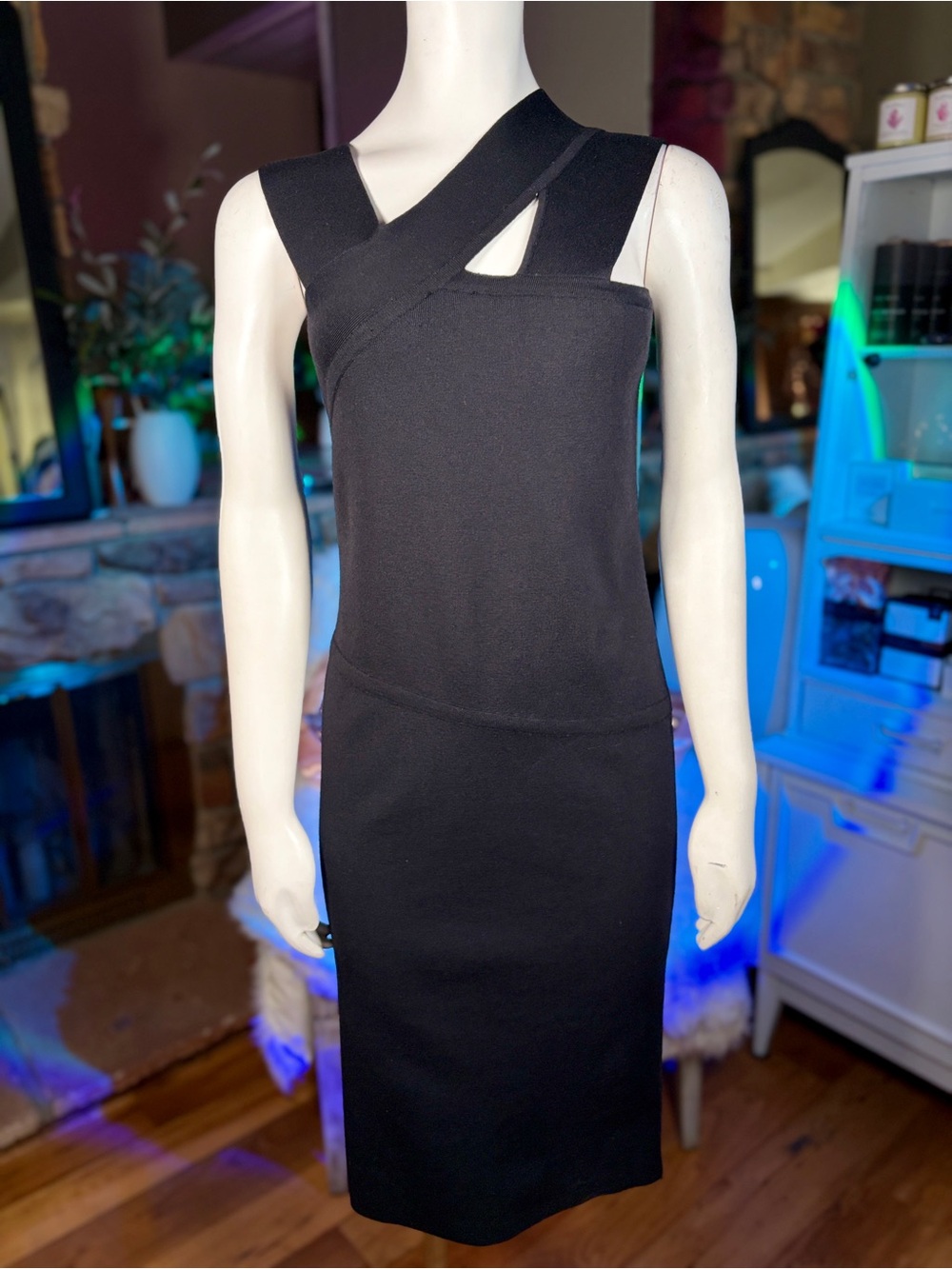 Narciso Rodriguez Black Wool & Silk Asymmetrical Neckline Bodycon Dress, Sz 44/8